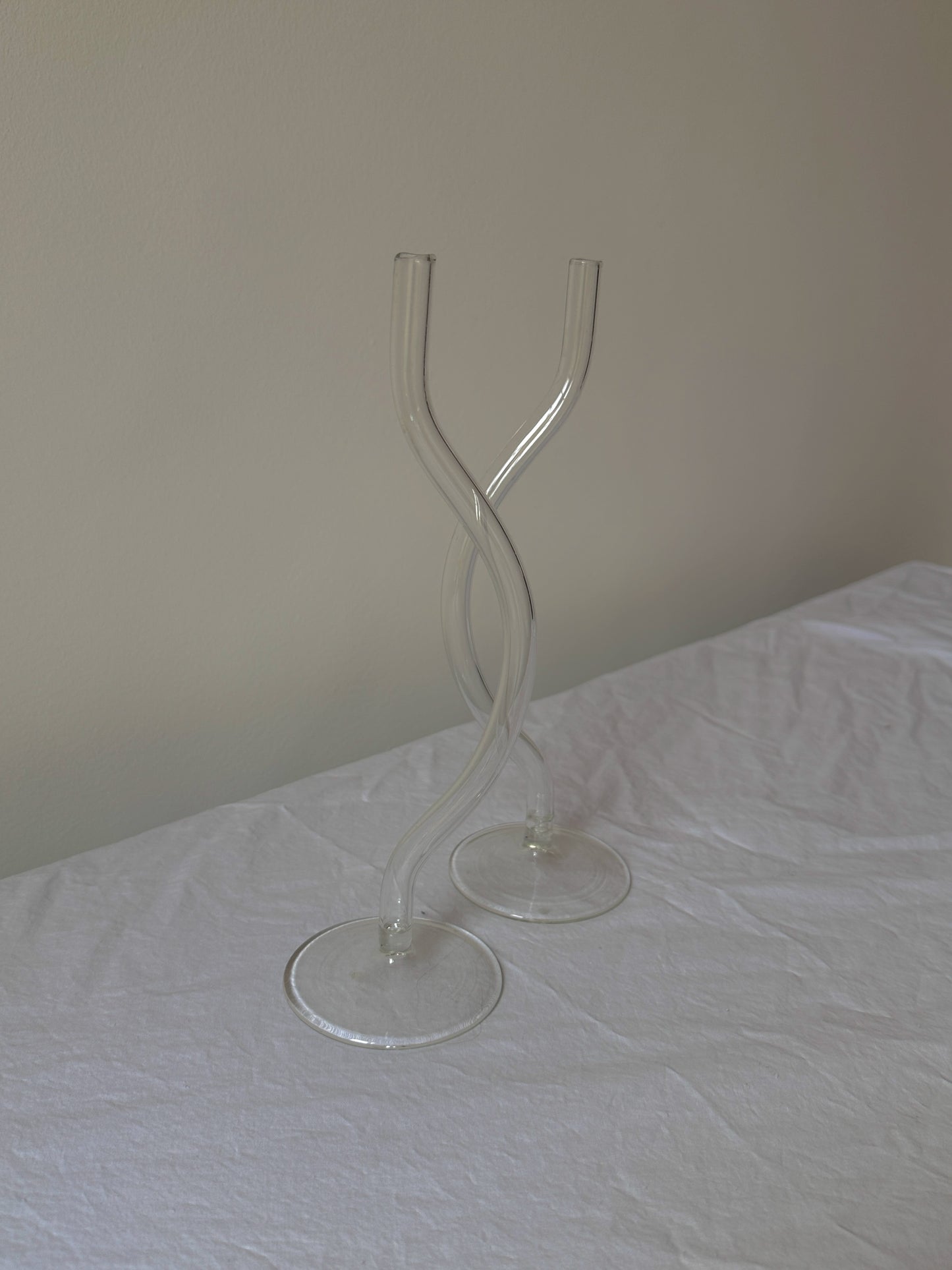 Pair of Wavy Glass Stem Candle Holders